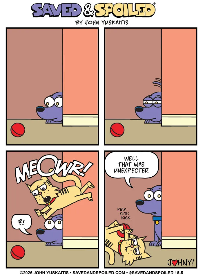 Dog surprised as cat leaps near dog in comics about dog and cat differences