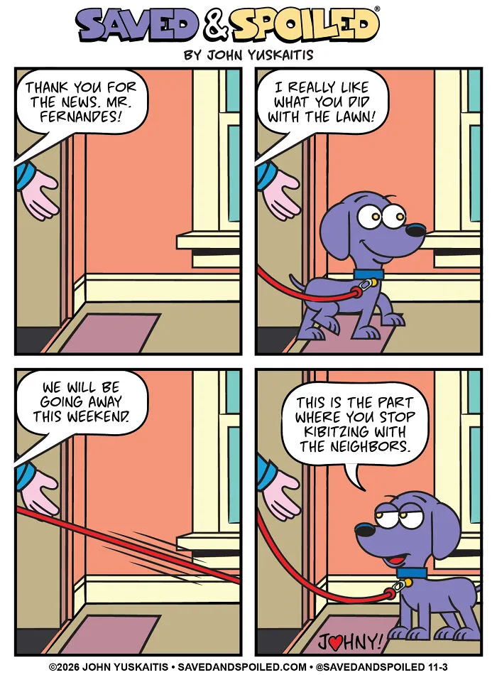 Dog ready for walk, distracted while owner talks in dog and cat comics