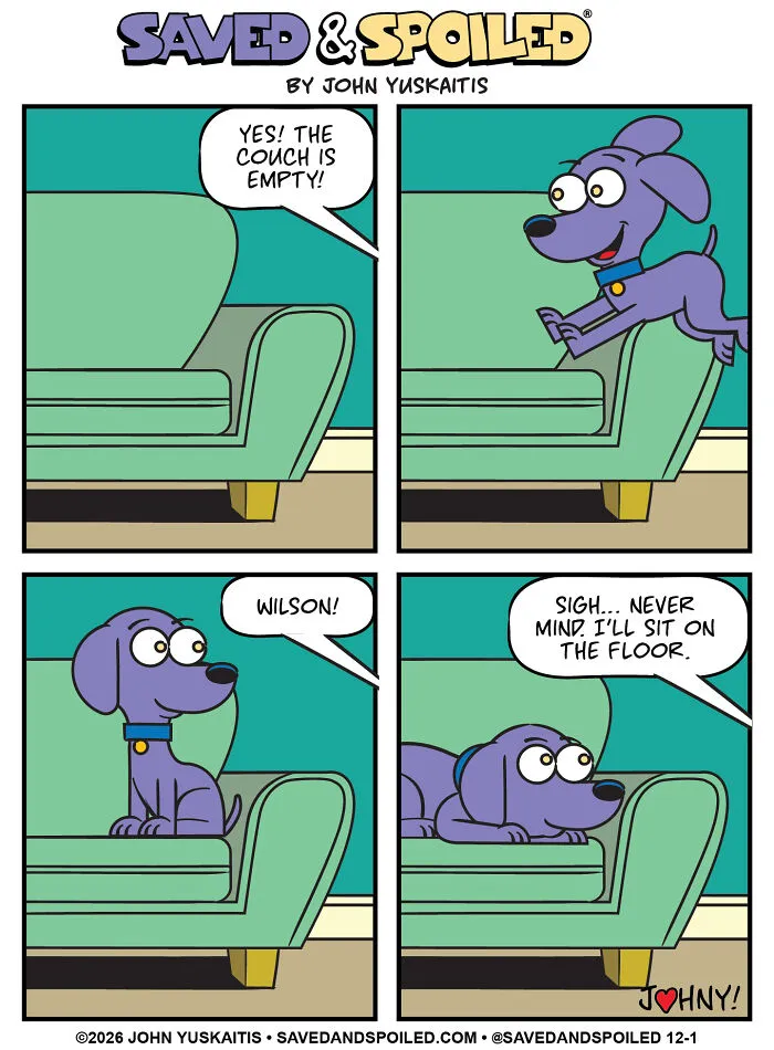 Dog jumping on couch in pet comics about my dog and cat differences