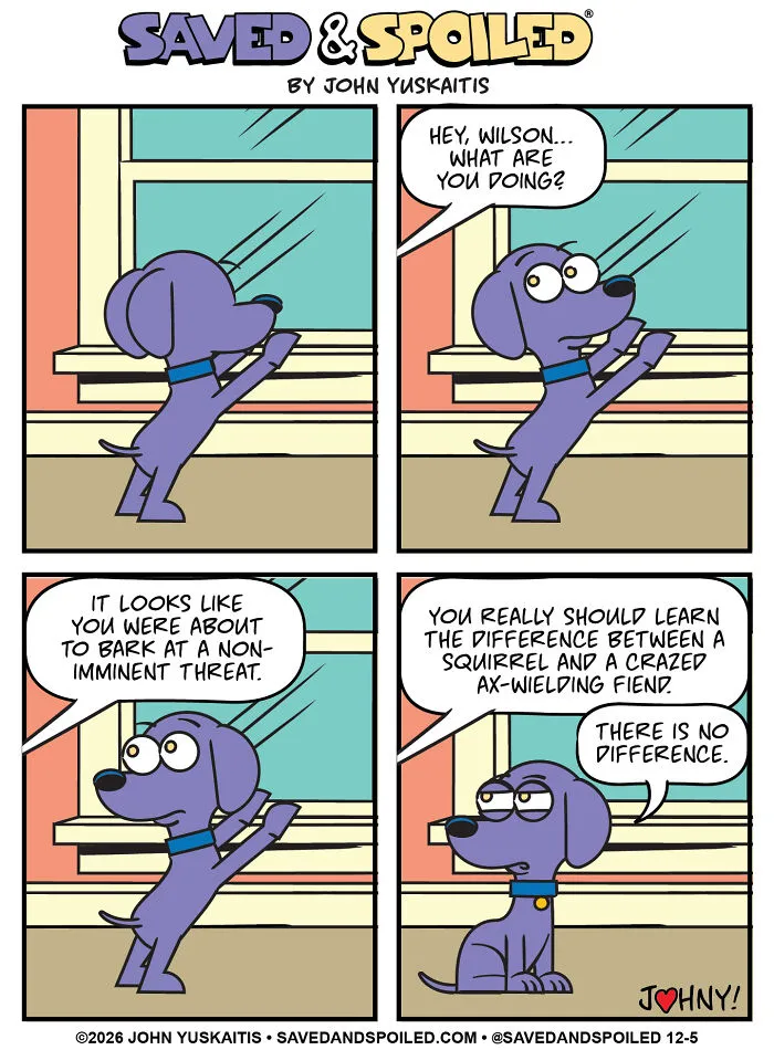 Dog barking at window in dog comics about my dog and cat differences