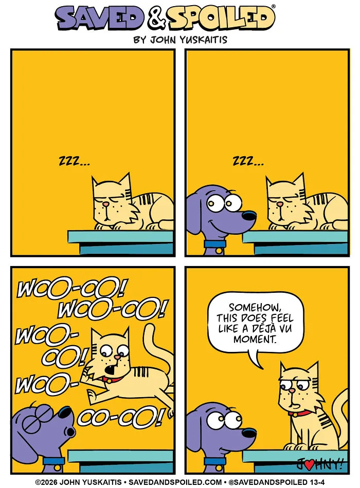 Dog howls at sleeping cat who feels deja vu in pet comic