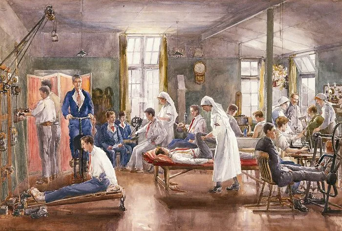 Vintage illustration of a medical rehabilitation room showing how medicine has changed