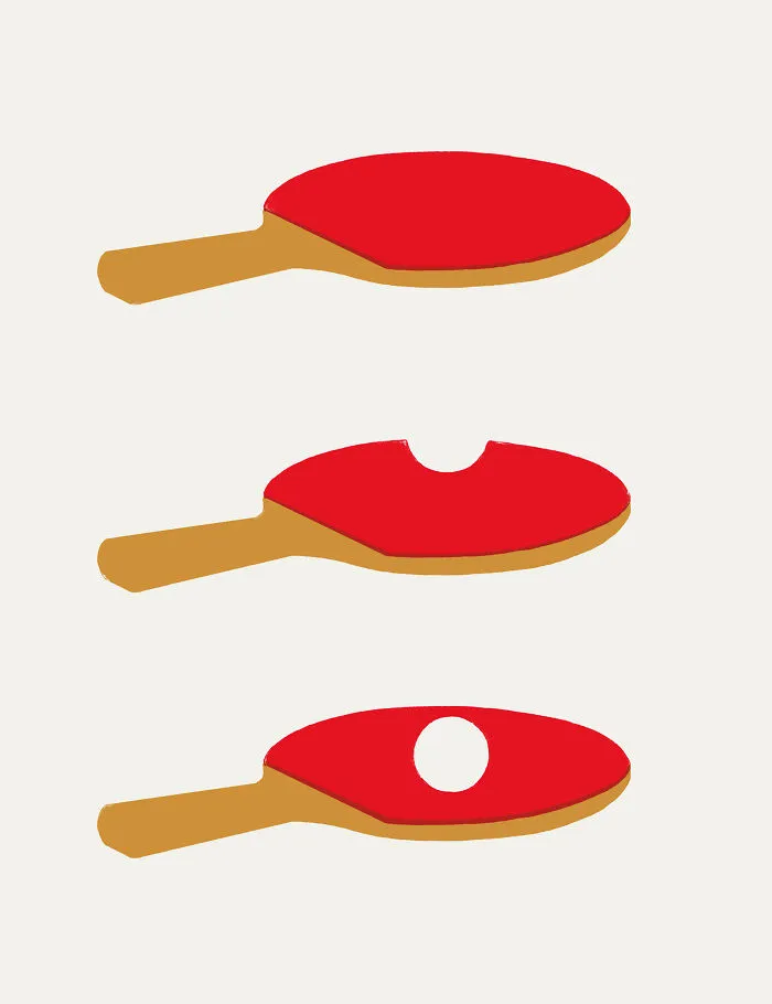 Three red table tennis paddles shown in a sequence for Abstract Sunday creative artwork.