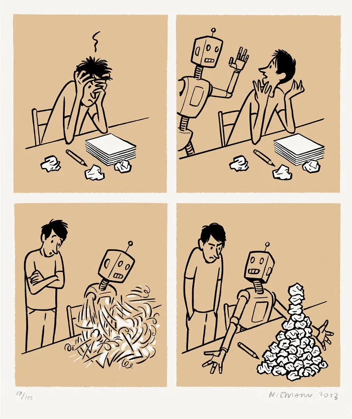 A funny four-panel comic strip about an artist and a robot assistant from Abstract Sunday.