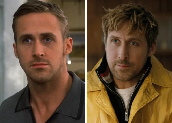 Ryan Gosling looking upward in an astronaut suit, showcasing Hollywood's plastic surgery obsession.