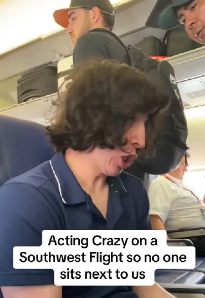 A passenger acts crazy on a flight to keep the adjacent seat empty, demonstrating main character lives.