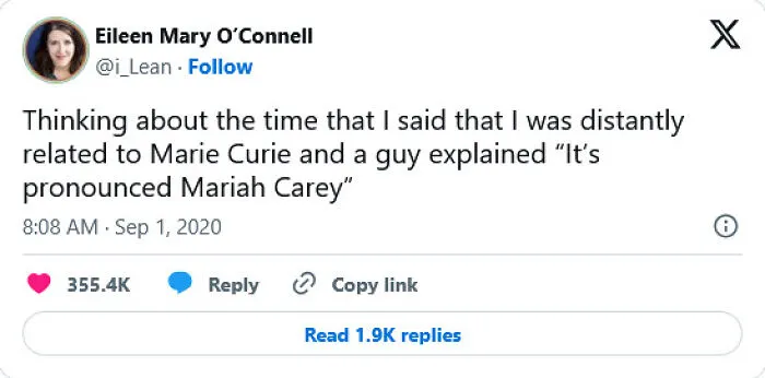 Tweet about confusion between Marie Curie and Mariah Carey involving family relation