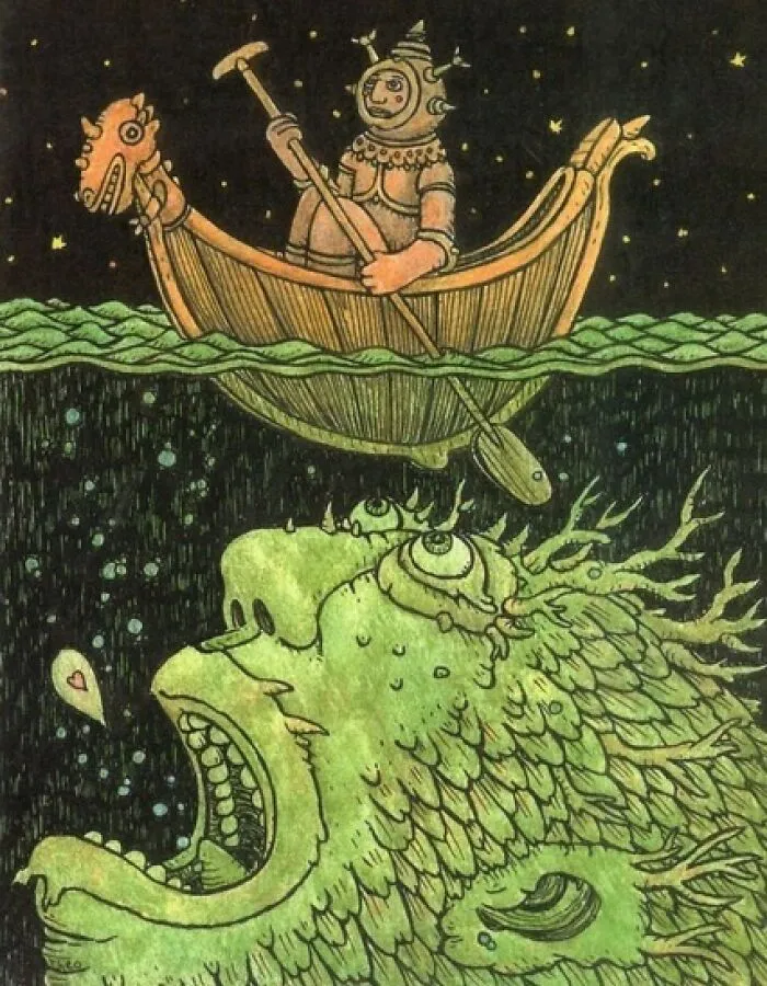 Theo Ellsworth illustration of a person in a boat rowing above a giant green sea creature