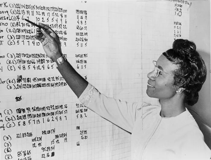 An African American woman in glasses points to a large chart with numbers, highlighting Women in History.