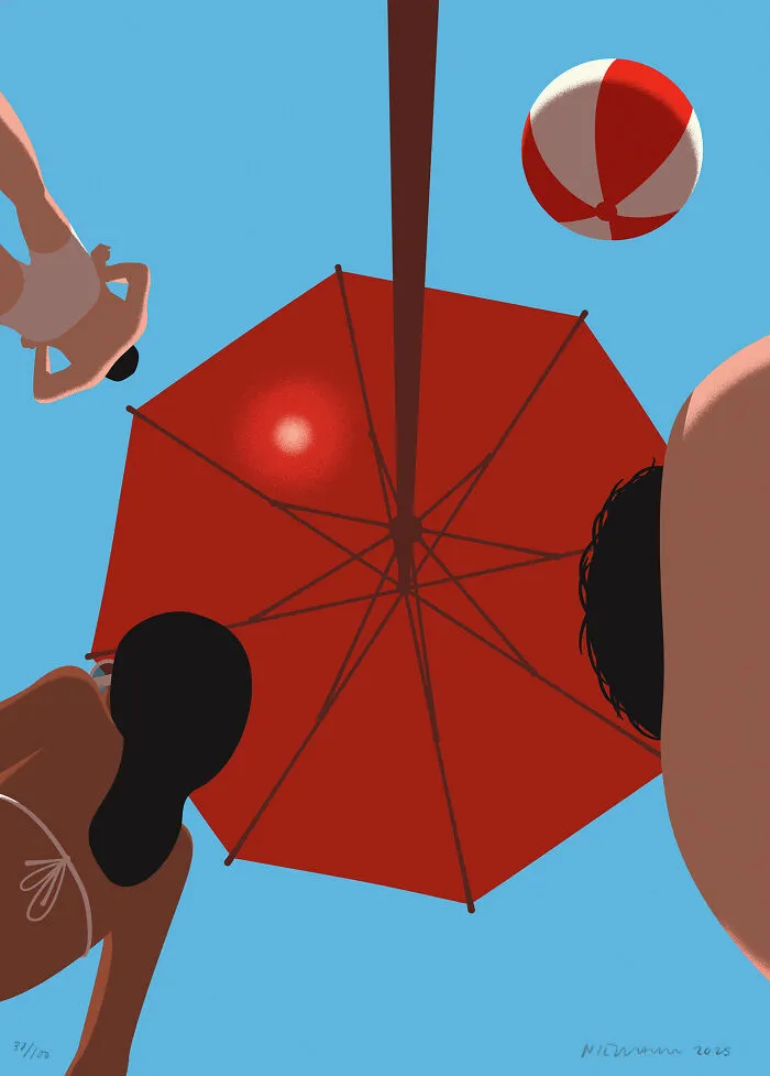 Looking up from under a red beach umbrella on an Abstract Sunday with people around the edge.