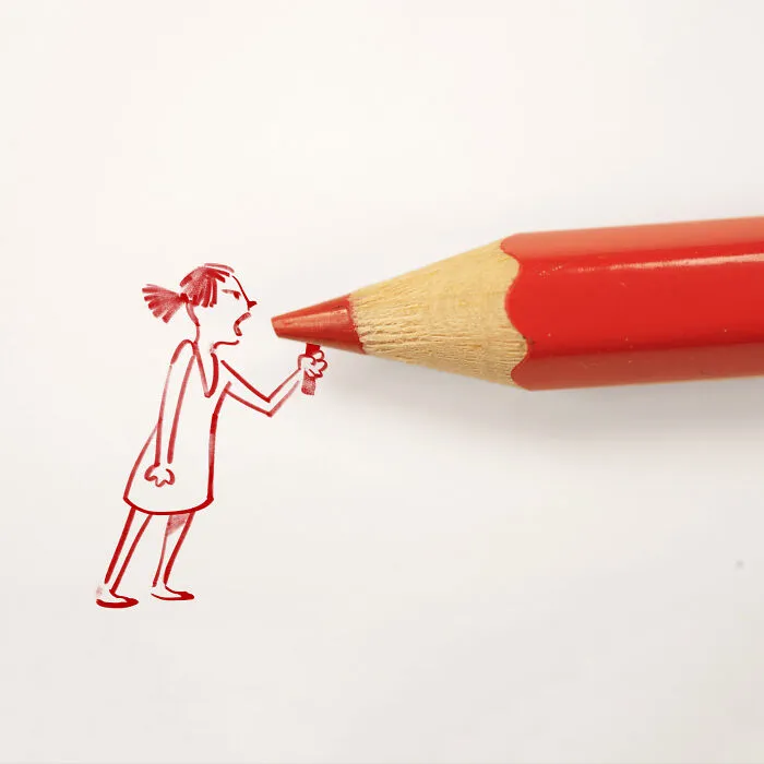 Abstract Sunday drawing of a miniature woman holding the tip of a giant red pencil like a megaphone.