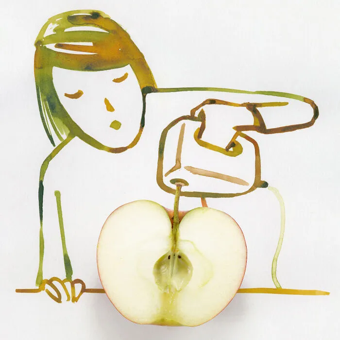 An Abstract Sunday drawing of a person slicing an apple to resemble a toaster with watercolor details.