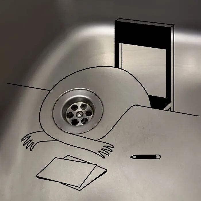 A creative illustration with Abstract Sunday showing a cartoon figure sleeping over a metal sink drain.