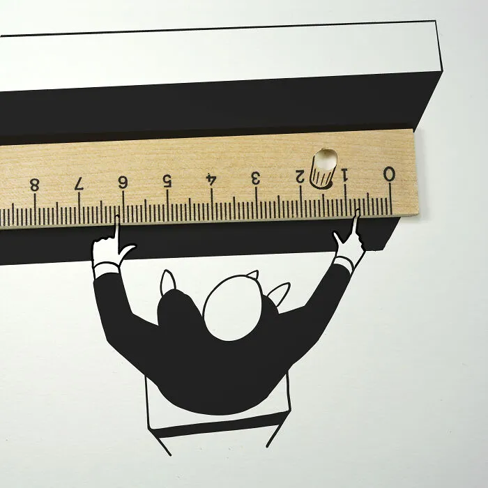 Clever Abstract Sunday doodle featuring a wooden ruler combined with a drawing of a person measuring a desk.