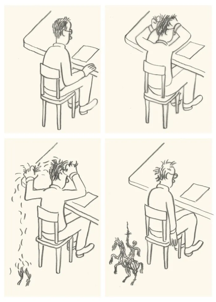 Four-panel Abstract Sunday cartoon of a man sitting at a desk scratching his head to create a knight on horse.