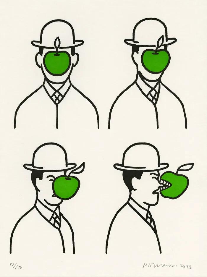 Humorous Abstract Sunday illustration based on Rene Magritte Son of Man green apple art style.