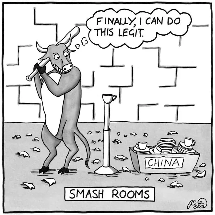 Smash rooms comic showing a bull ready to smash China dishes for stress relief