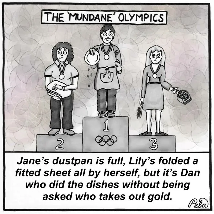 Single-panel comic humor about mundane household chores winning gold medal in the mundane Olympics