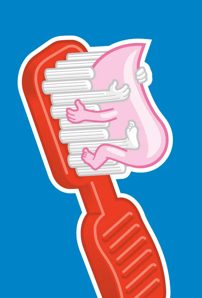Creative Abstract Sunday artwork showing a red toothbrush hugging a pink toothpaste doll against a blue background.