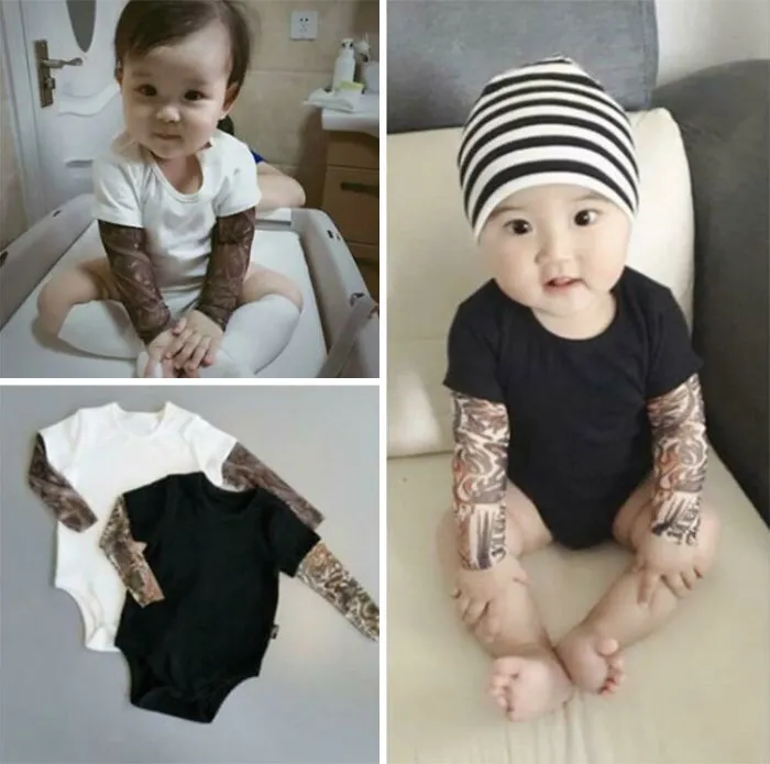 Babies wearing bodysuits with realistic printed tattoo sleeves