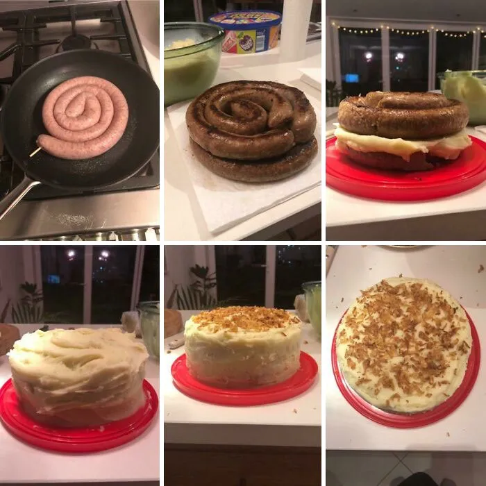 Creative cooking project transforming sausage and mashed potatoes into cake
