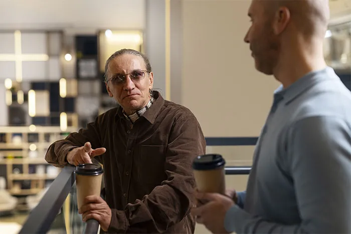 Older man discussing with colleague over coffee about clever insults