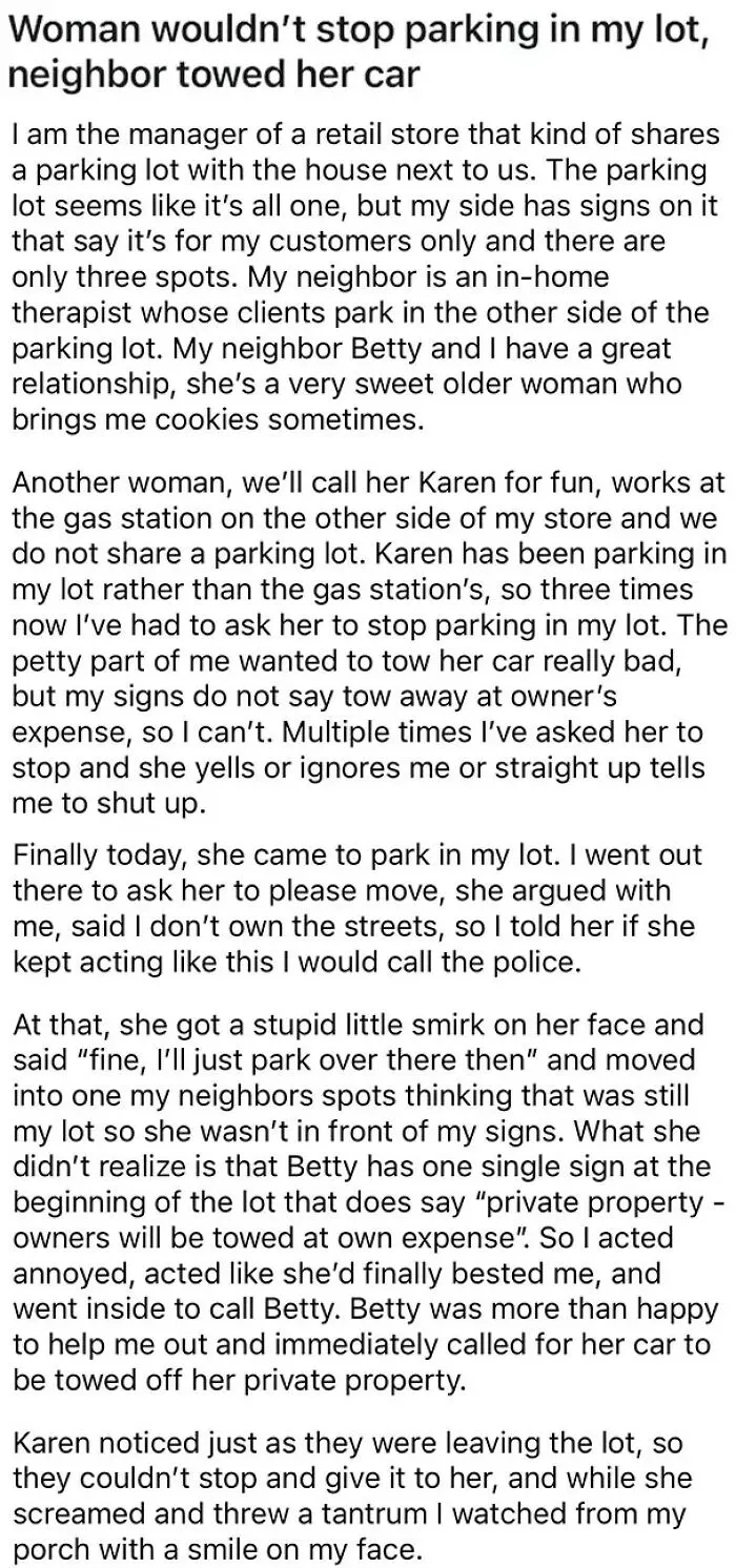 A text story about a woman whose car was towed, showcasing a classic main character encounter