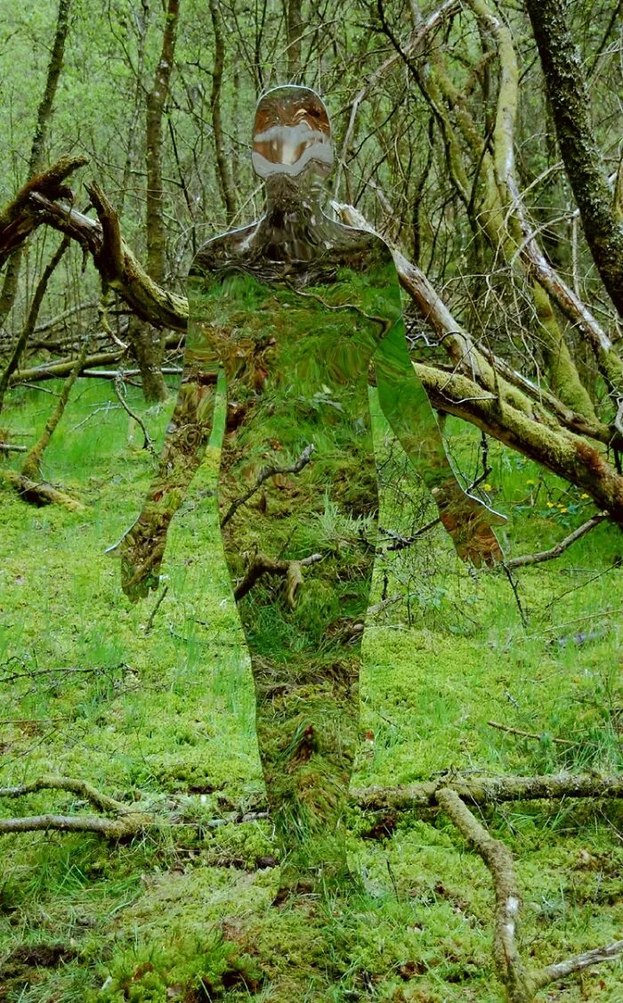 Reflective sculpture blending into green forest environment with moss and branches