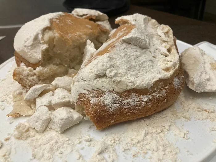 Overly flour-covered broken cake cooking fail
