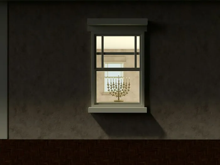 A menorah lit in a dark window, symbolizing religious arguments debated in court by lawyers