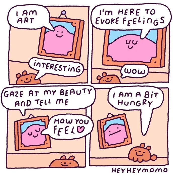A comic of tiny best friends Momo and Forg interacting with a piece of art that evokes feelings, then declaring hunger.