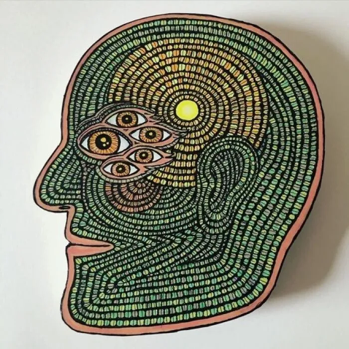 Theo Ellsworth colorful head illustration filled with eye patterns and circular designs