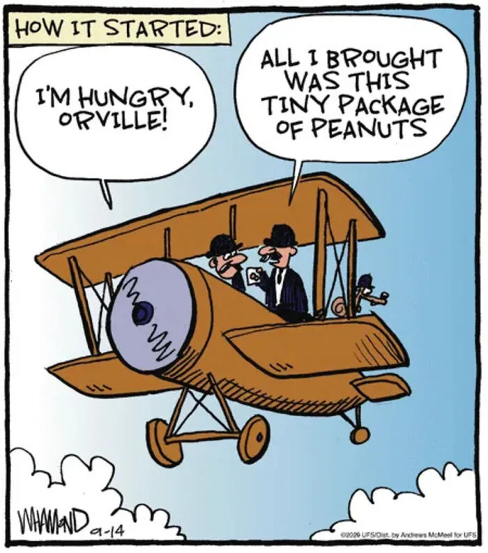 Comic showing tiny package of peanuts on plane humor by Dave Whamond capturing human nature