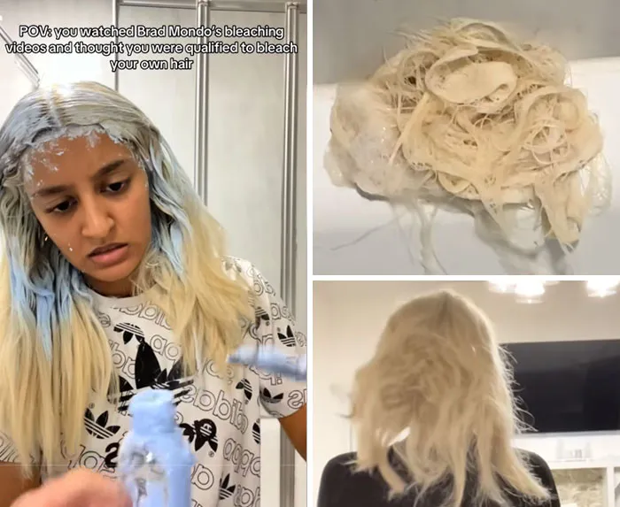 A multi panel image of a woman bleaching her own hair showing DIY hair coloring beauty procedures fails.