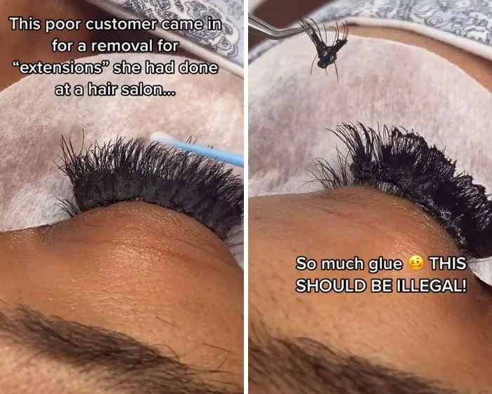 A close-up of clumped and heavily glued eyelash extensions showing beauty procedures fails