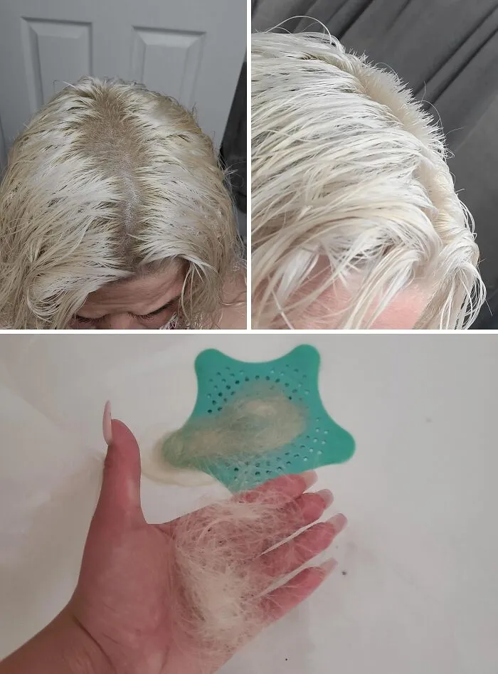 Collage of damaged bleached blonde hair and hair clumps falling out in hand from beauty procedures fails.
