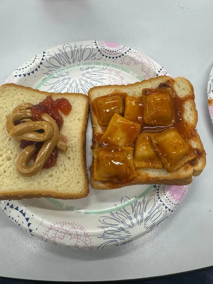An open ravioli and peanut butter sandwich, demonstrating strange food combinations