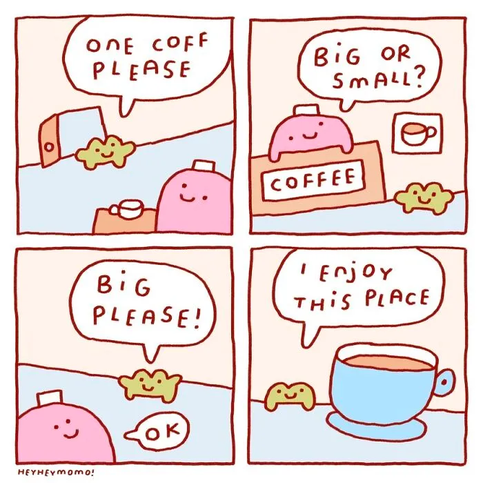 Momo and Forg ordering coffee in a comic strip, finding joy in tiny best friends moments.