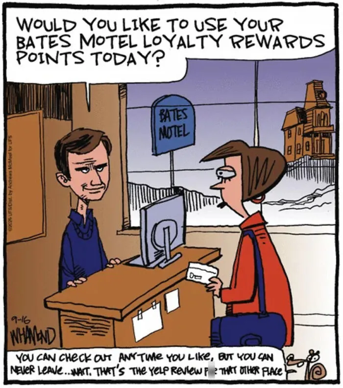 Bates Motel loyalty rewards comic joke about human nature by Dave Whamond