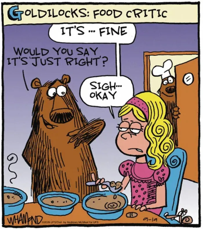 Goldilocks food critic comic showing indecisive review in Dave Whamond comics