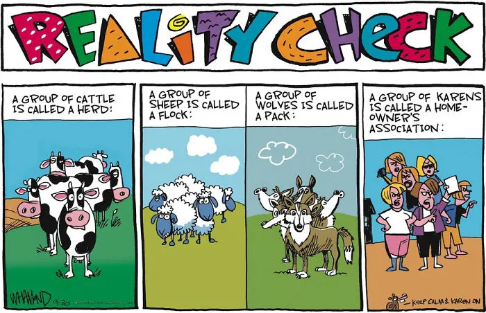 Reality check on groups of animals and Karens in comics by Dave Whamond