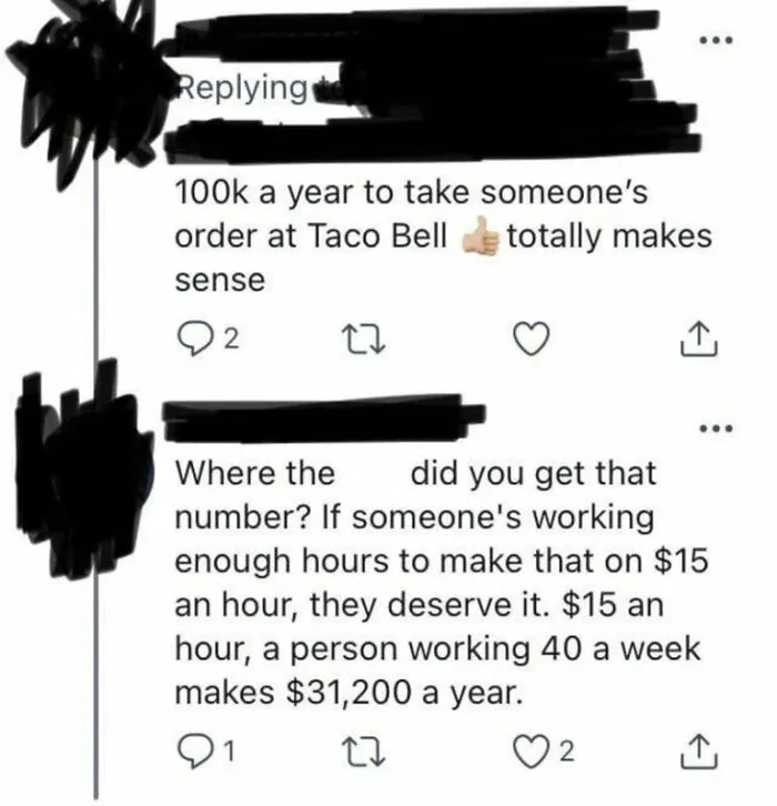 Funny online comment miscalculating Taco Bell worker salary.