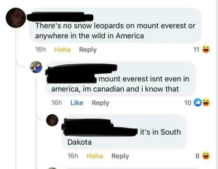 Incorrect claims about snow leopards and Mount Everest location in America