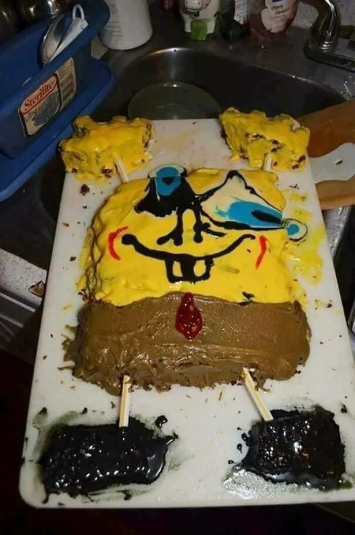 Messy and failed cooking of a SpongeBob cake attempt