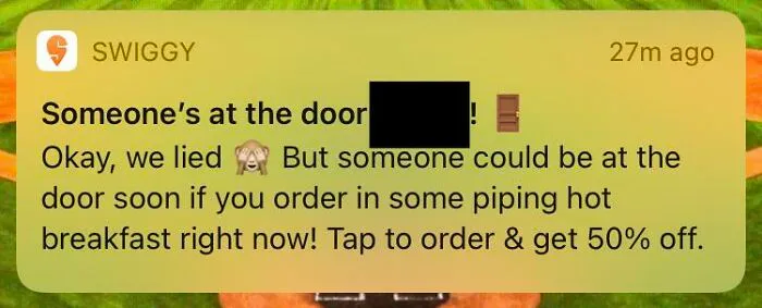 A misleading notification from a delivery app, an example of terrible product design