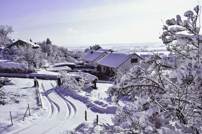 A snow-covered suburban neighborhood with houses, representing property line arguments in court