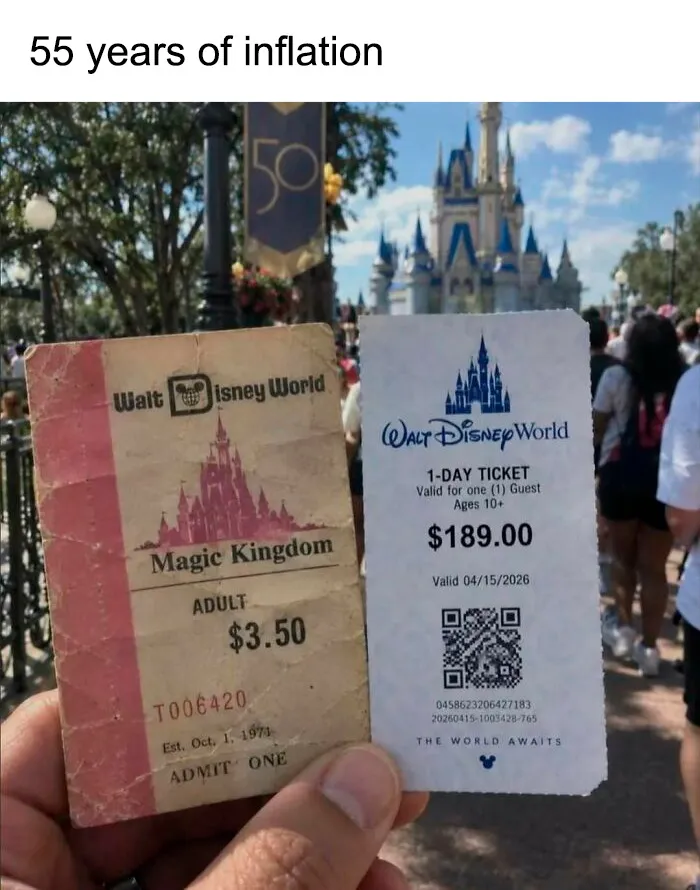 A photo comparing a historical Disney World ticket to a modern one, showing the impact of inflation from the past.