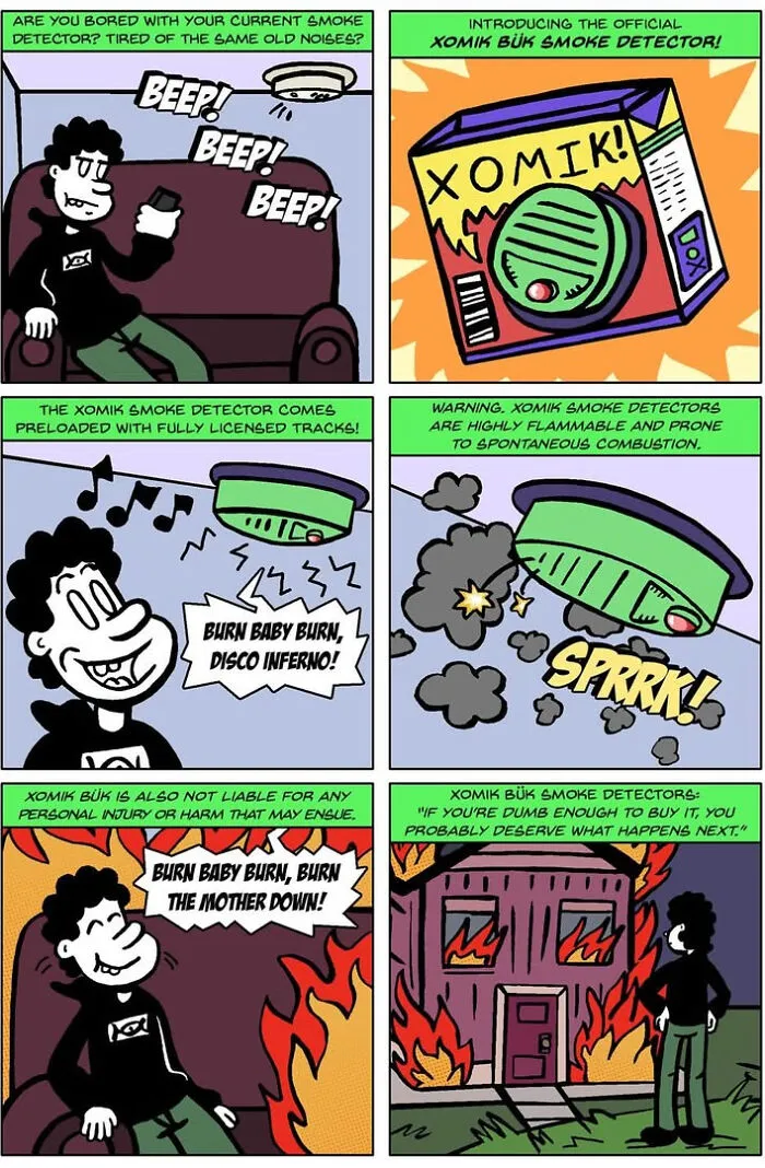 One And Only Comics panel featuring a highly flammable smoke detector joke