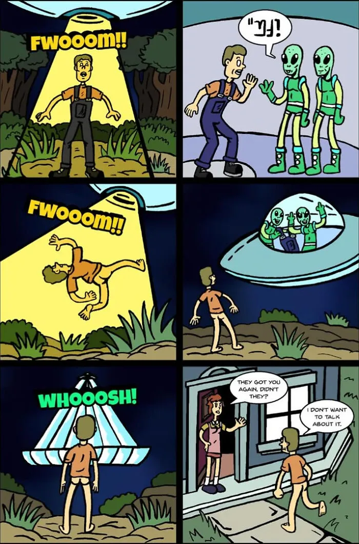 One And Only Comics panel showing a man abducted by aliens who steal his clothes and return him naked.