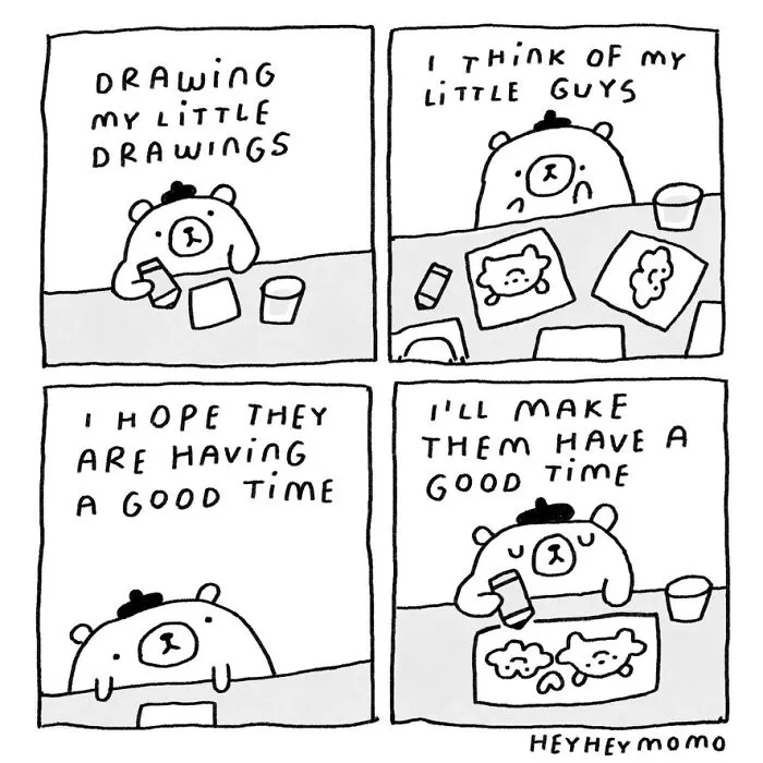 An artist creating new comics, thinking about Momo and Forg, his tiny best friends characters.
